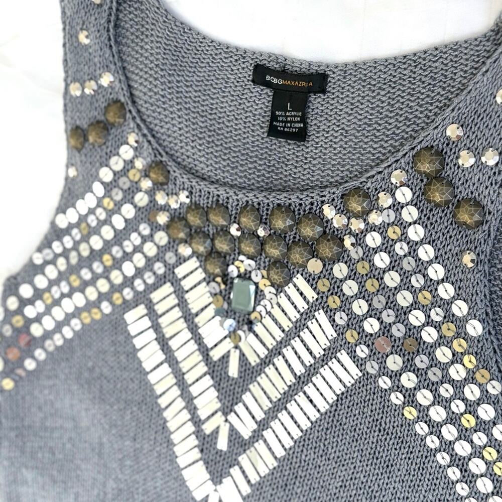 BCBG Beaded Metallic Knit Tank Top Women L Silver Y2K Crochet Sequin Festival